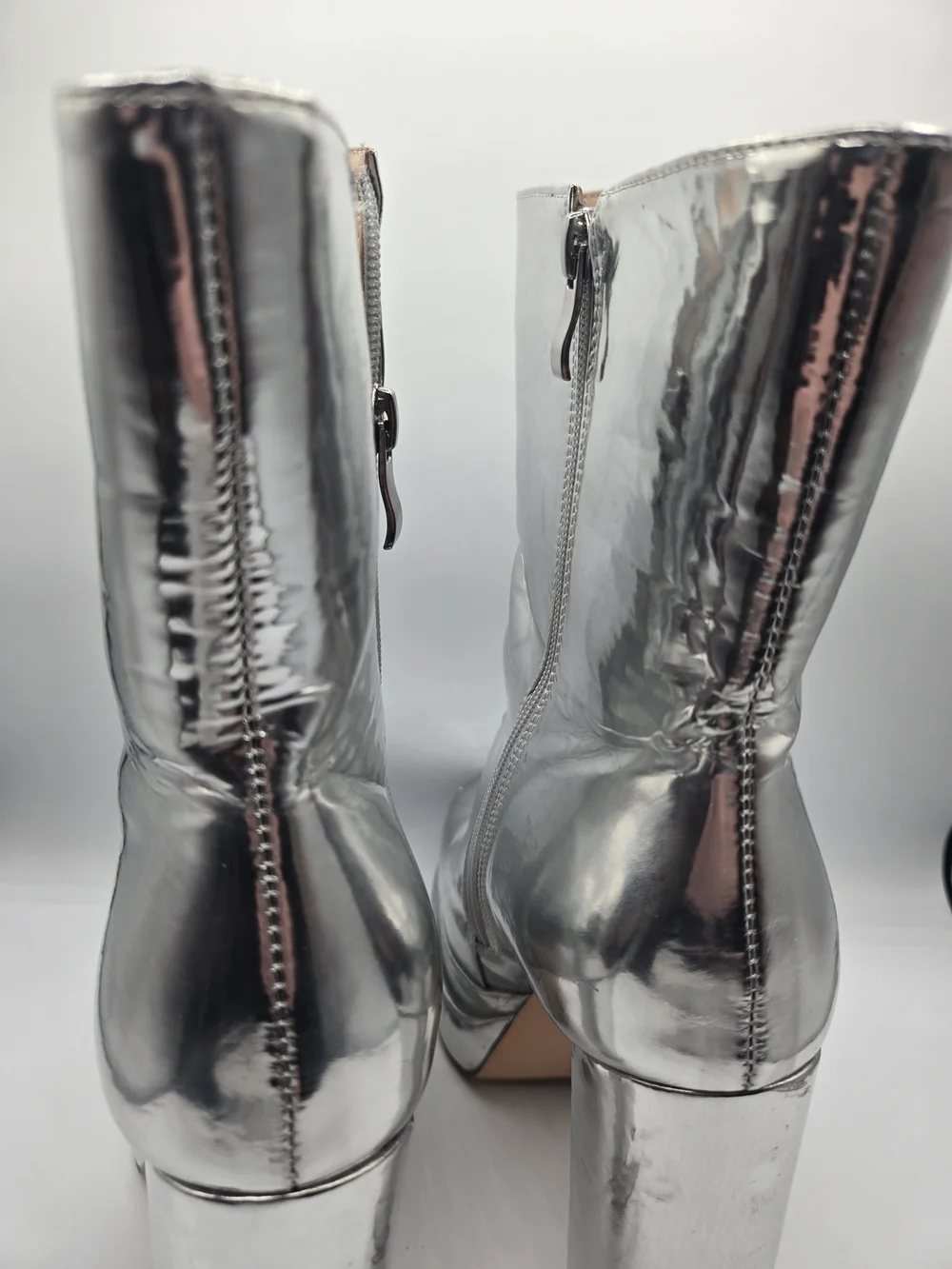 Azalea Wang Silver Mirror Platform Ankle Boots Disco GoGo Block Heel Size 8